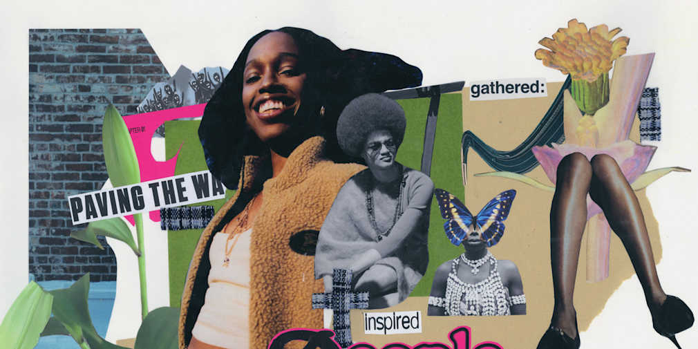 Colourful cut out collage imagery featuring Black women, inspirational words, textures, legs, a plant and a butterfly