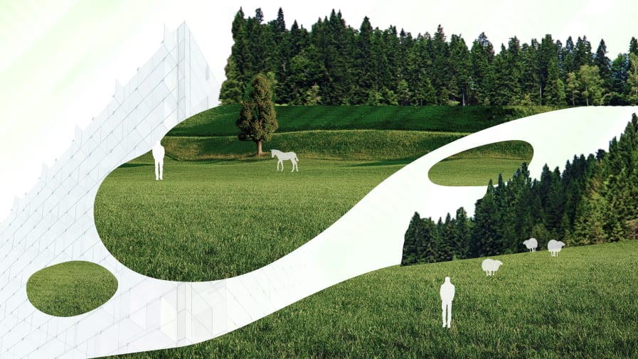 A composite image including green areas of grass and white silhouettes of animals and people