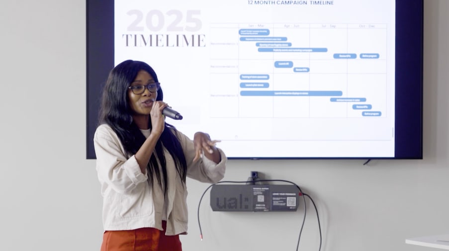 MA Fashion Marketing and Global Cultures Course Leader, Ruth Jacobs presenting. Still taken from a video by Orlando Collegaro. 