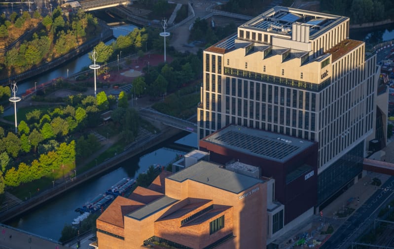 Aerial view of East Bank and Queen Olympic Park | Photography by Jason Hawkes