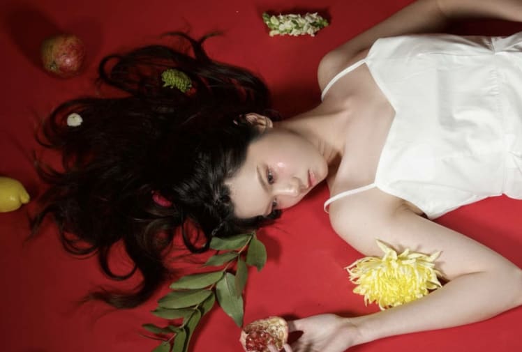A woman lying on a red floor with her hair spread above her and leaves, flowers and fruits are spread around her.