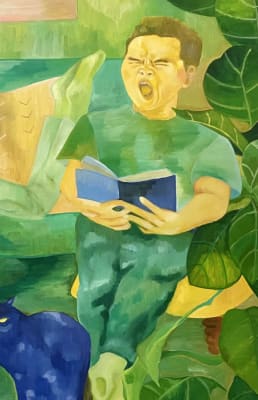 A reading woman and a yawning boy