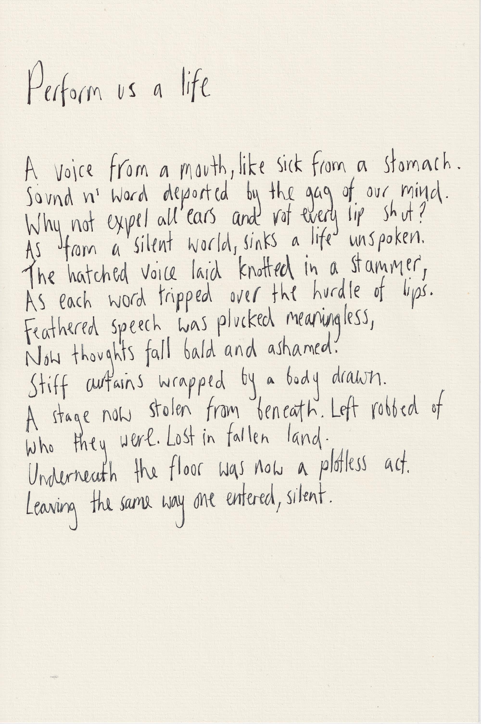 Handwritten poem entitled ‘Perform us a Life’ on paper.