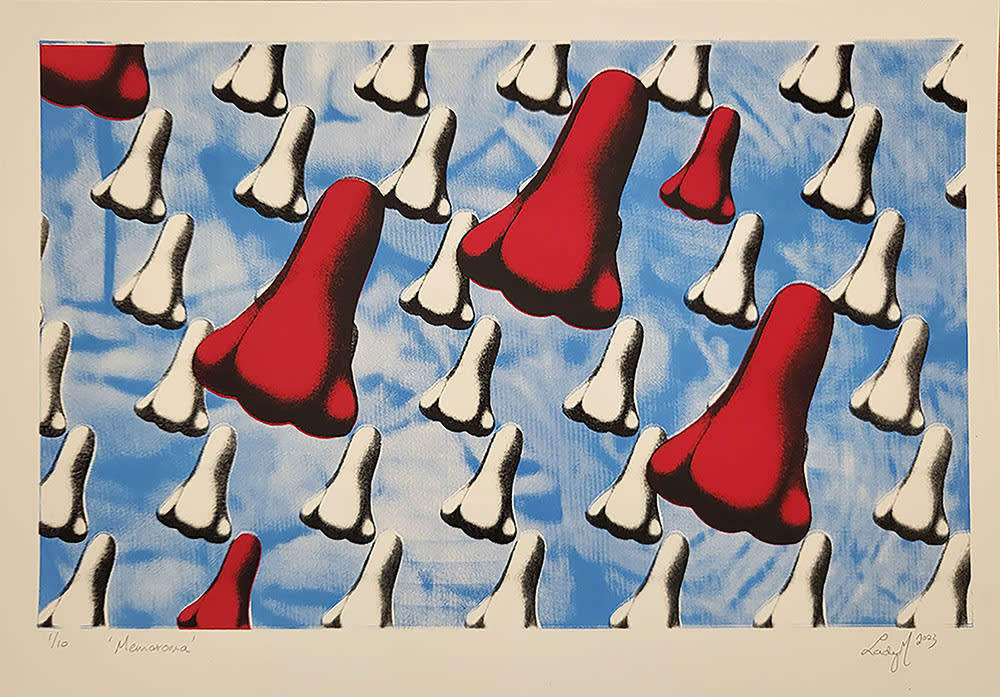 A pattern of white and red noses against a sky blue background