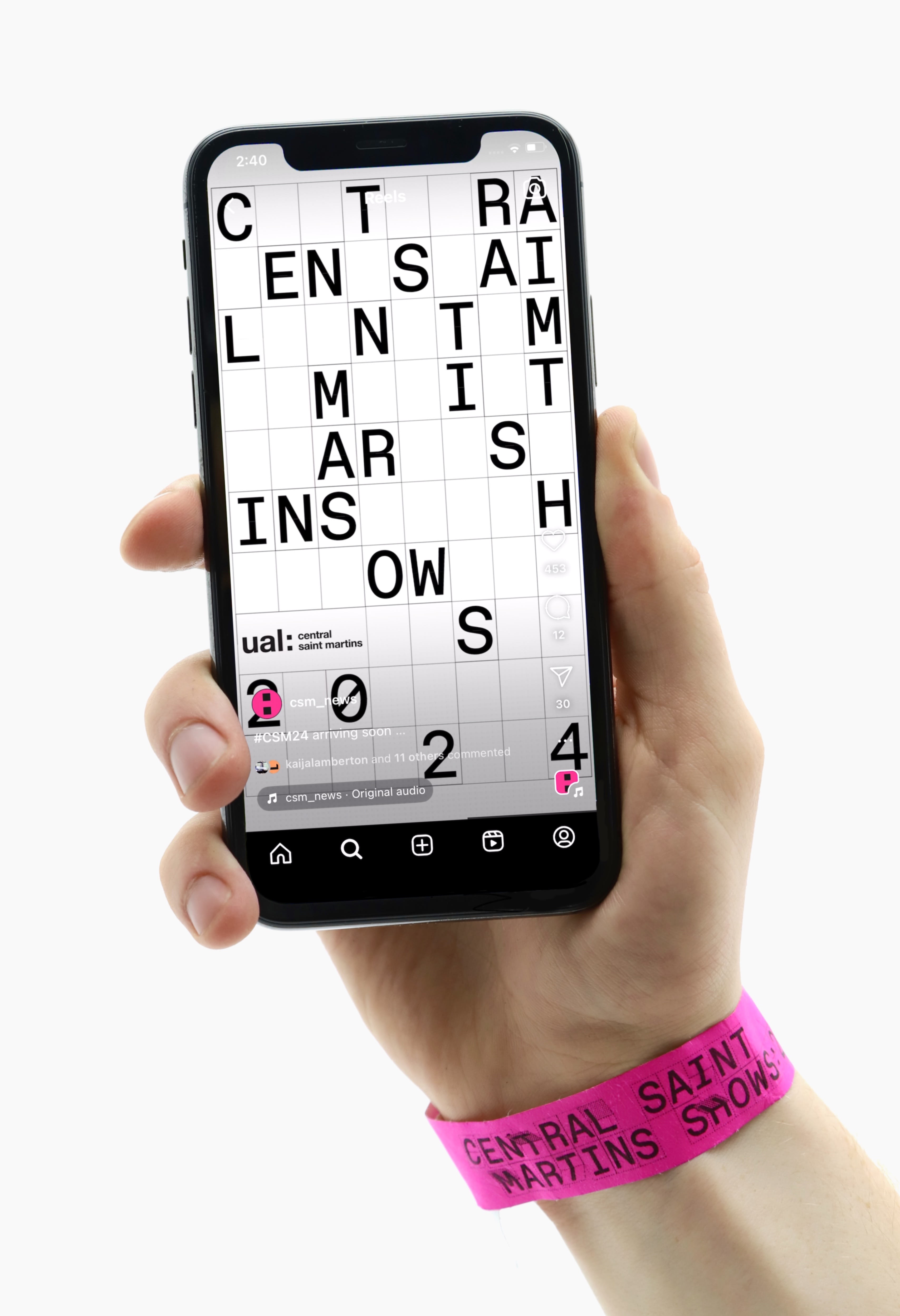 Social media teaser shown on a mobile phone held up. The hand is wearing a CSM Shows wristband