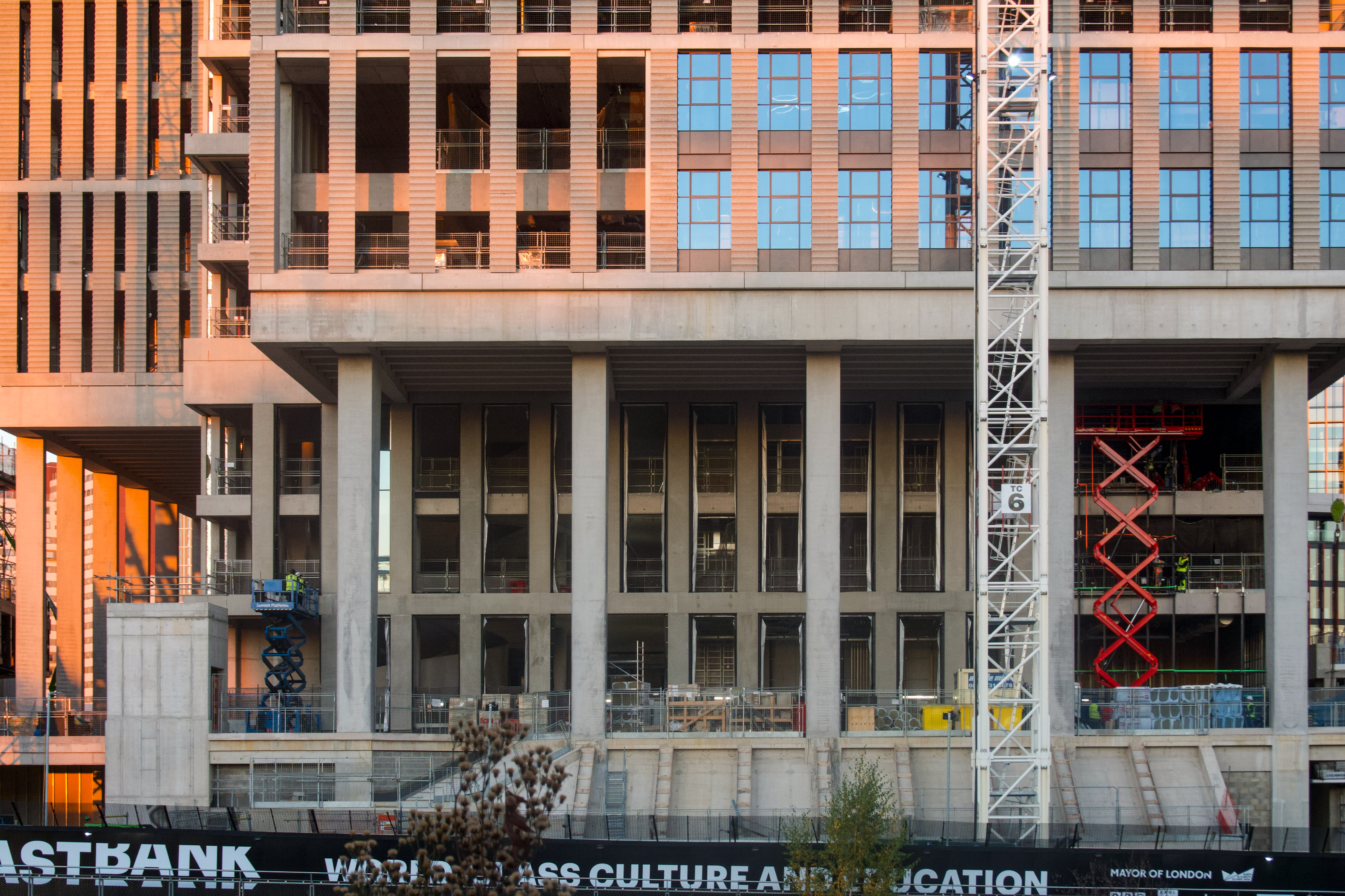 Close up view of London College of Fashion, UAL's new building on East Bank, Queen Elizabeth Olympic Park, November 2021. Photography by Tony Lall Chopra