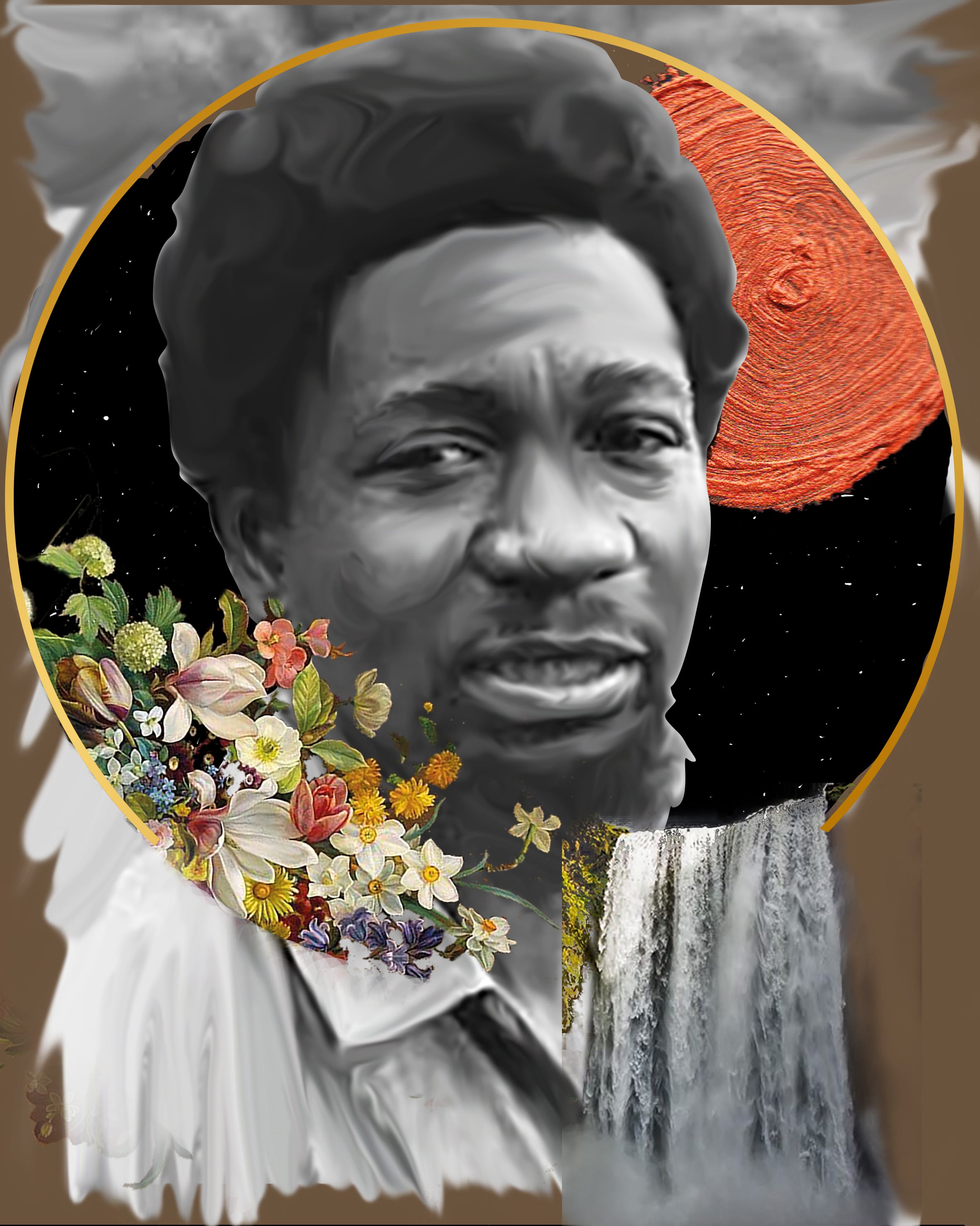 A graphic of a person with flowers