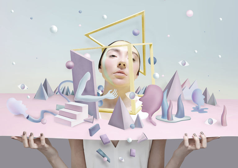 Digital photo of female model holding various pastel shapes.