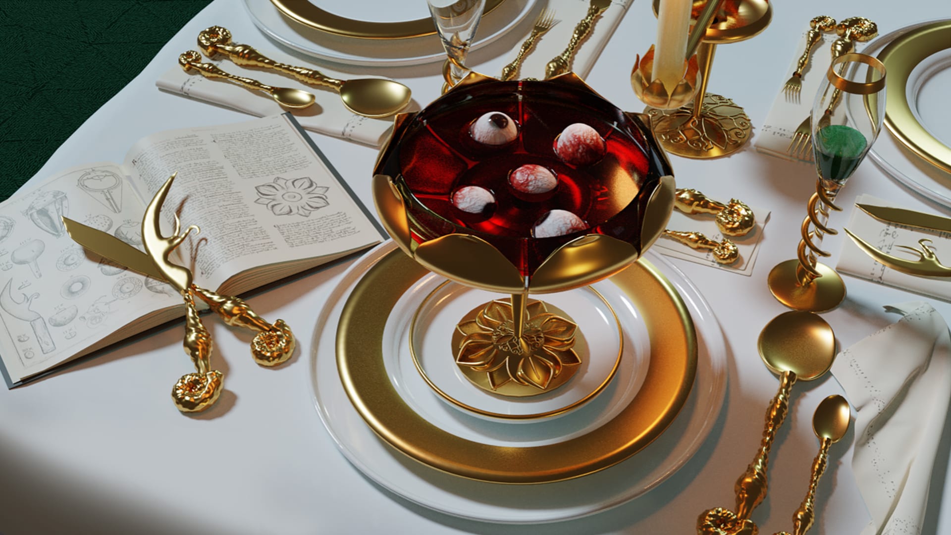 Ornate table setting with gold cutlery, champagne flutes, and stacked plates. A glass bowl holds eyeball-shaped orbs in red liquid, conveying a surreal tone.