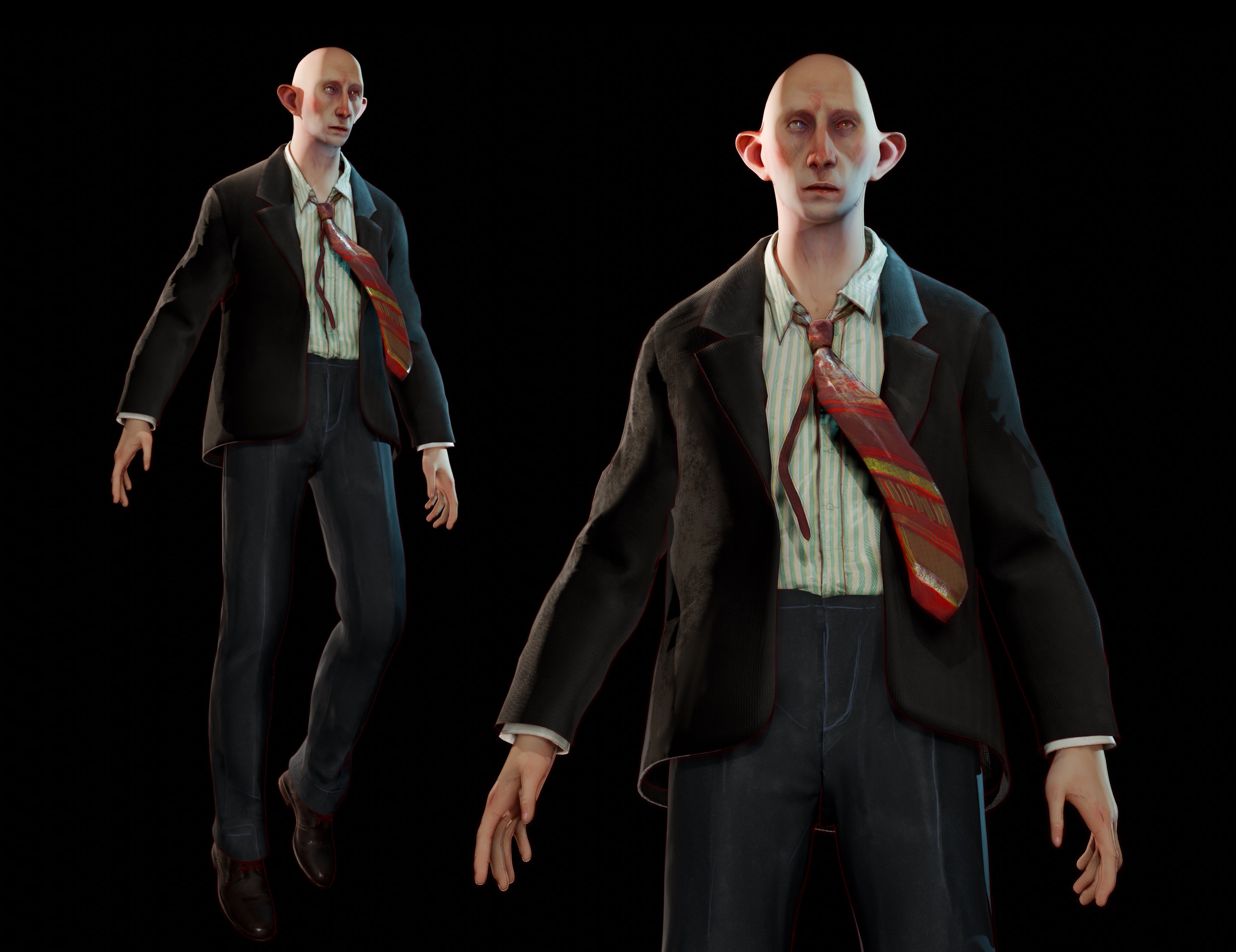 A digital model of a bald, elvish character in a disheveled suit, striped tie, and dress shoes. The character appears puzzled or lost.