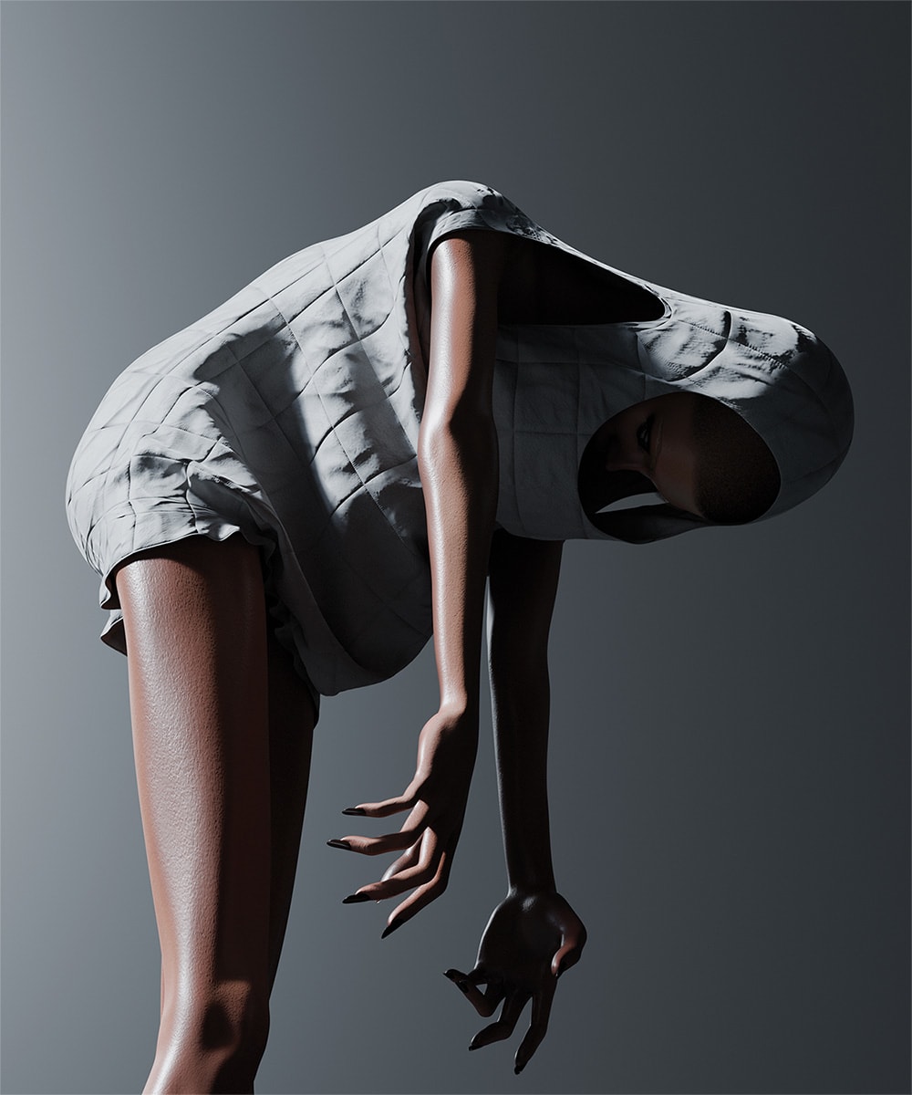 Photograph of a person bending with their arms outstretched.