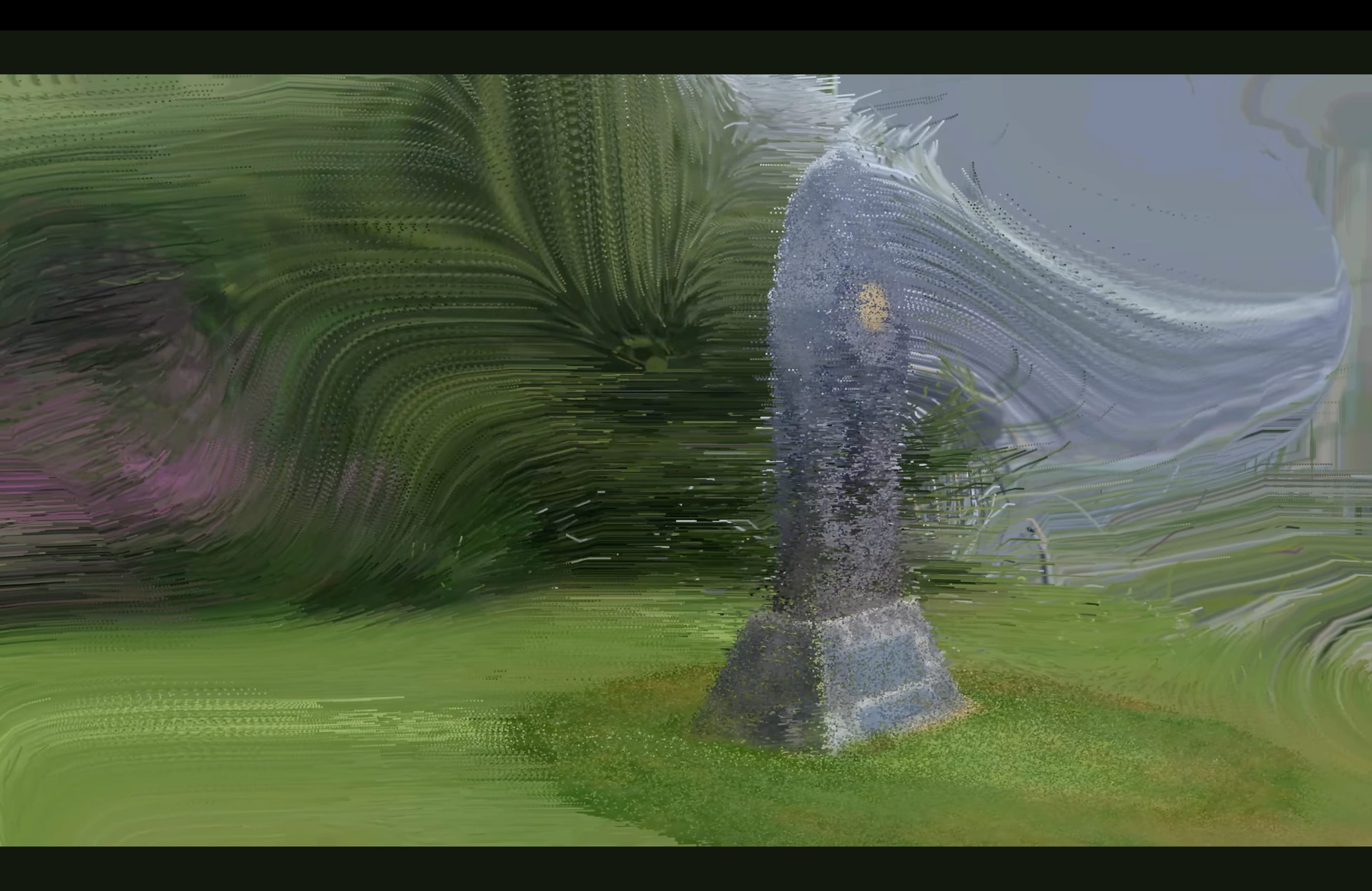 A blurred digital image of a grey stone monument on green grass against a green hedge