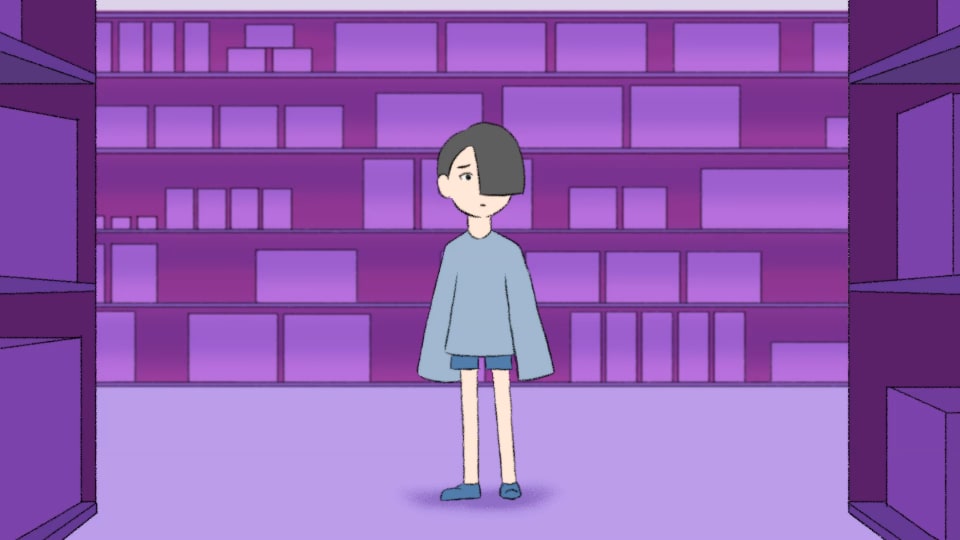 An image of an animated child. The child is wearing a grey oversized top and small grey shorts. the child is standing in front of a purple wall