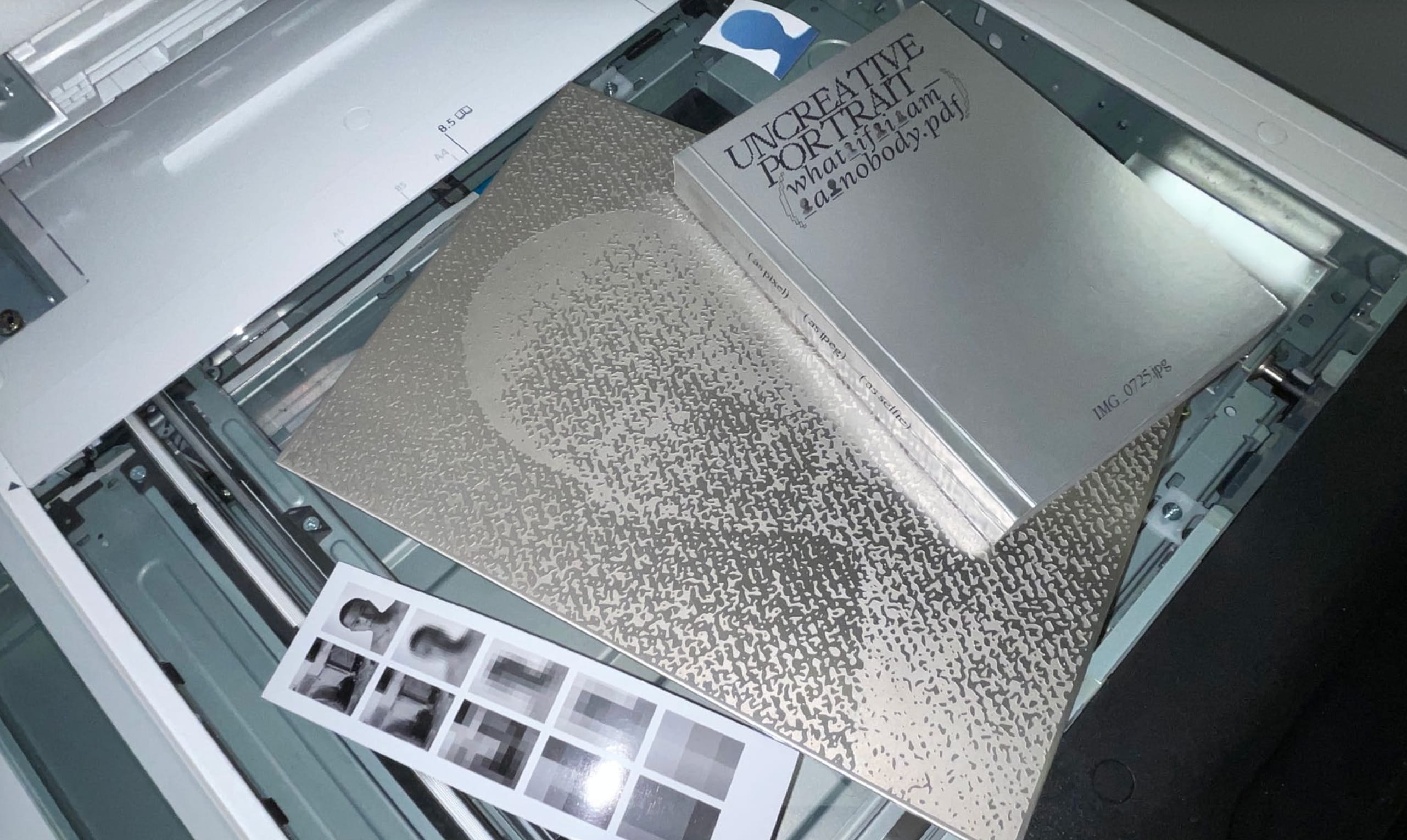 A selection of silver-coloured materials on top of a similarly-coloured photocopier. We can see a card of greyscale portrait photos, a silver panel with the silhouette of a human neck and head, a book with decorative text title Uncreative Portrait - What If I am Nobody PDF.