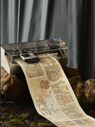 An image of some kind of printer outputting a long piece of paper. The printer is placed on a log and situated in front of a grey curtain. 