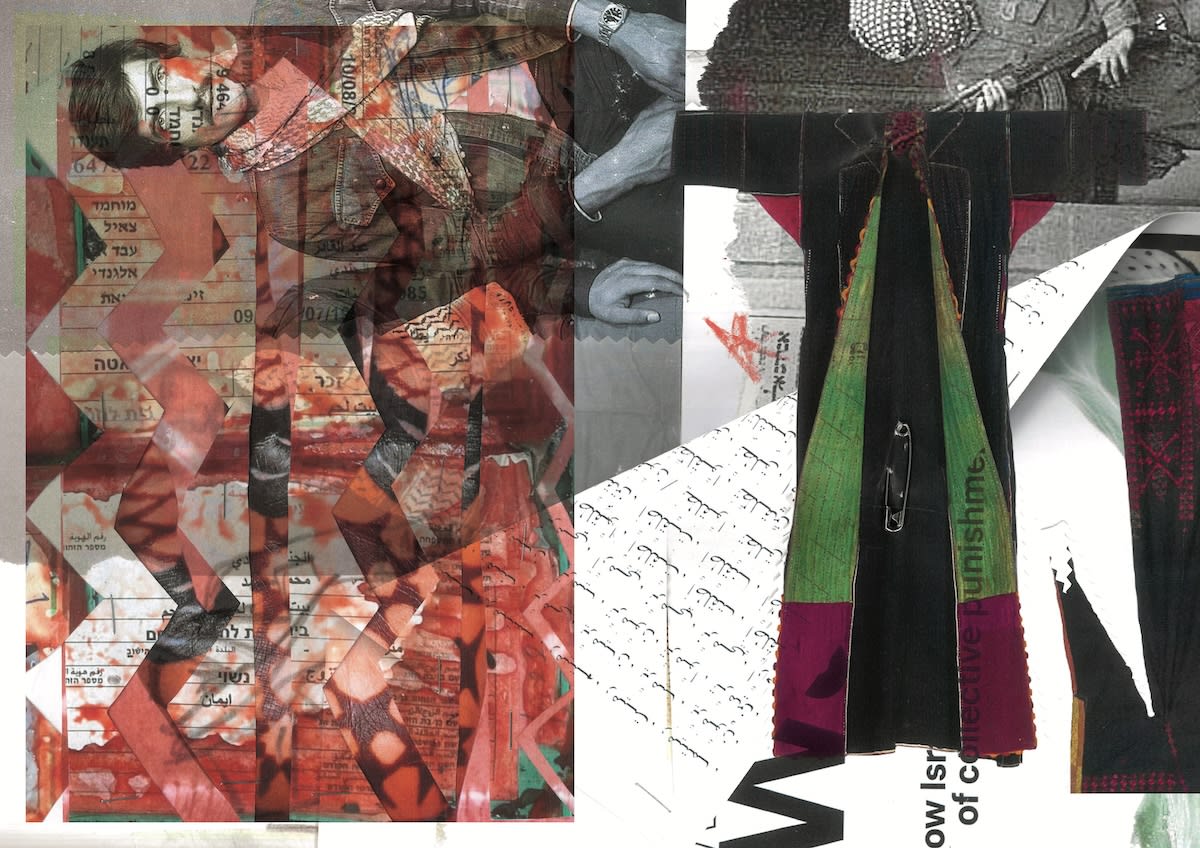 Collage of red, white, green papers and black and white images.