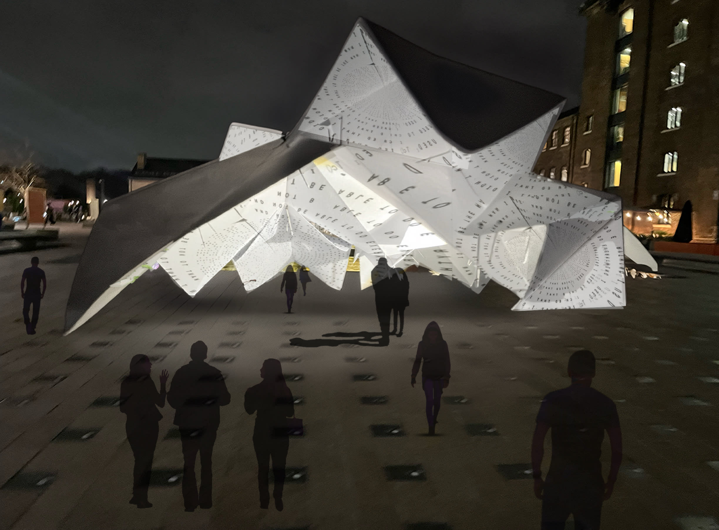 A digital collage with the CSM King's Cross building and fountains just visible, overlaid with a white multi-angled structure with letters and patterns. People in dark silhouette are walking toward it.