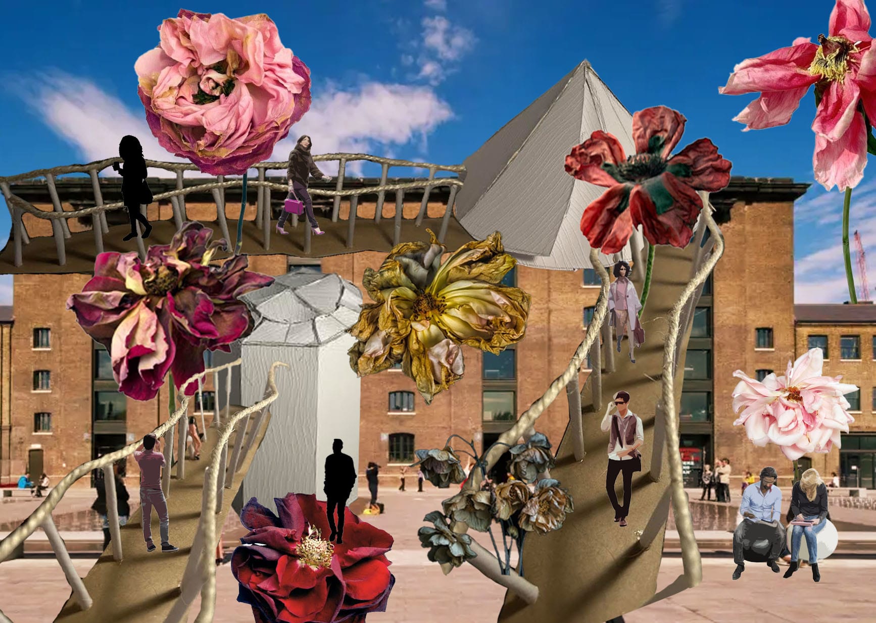A digital image of the CSM Granary building against a blue sky, overlaid with vivid flowers, roped walkways and people perched on seating or along the walkways.