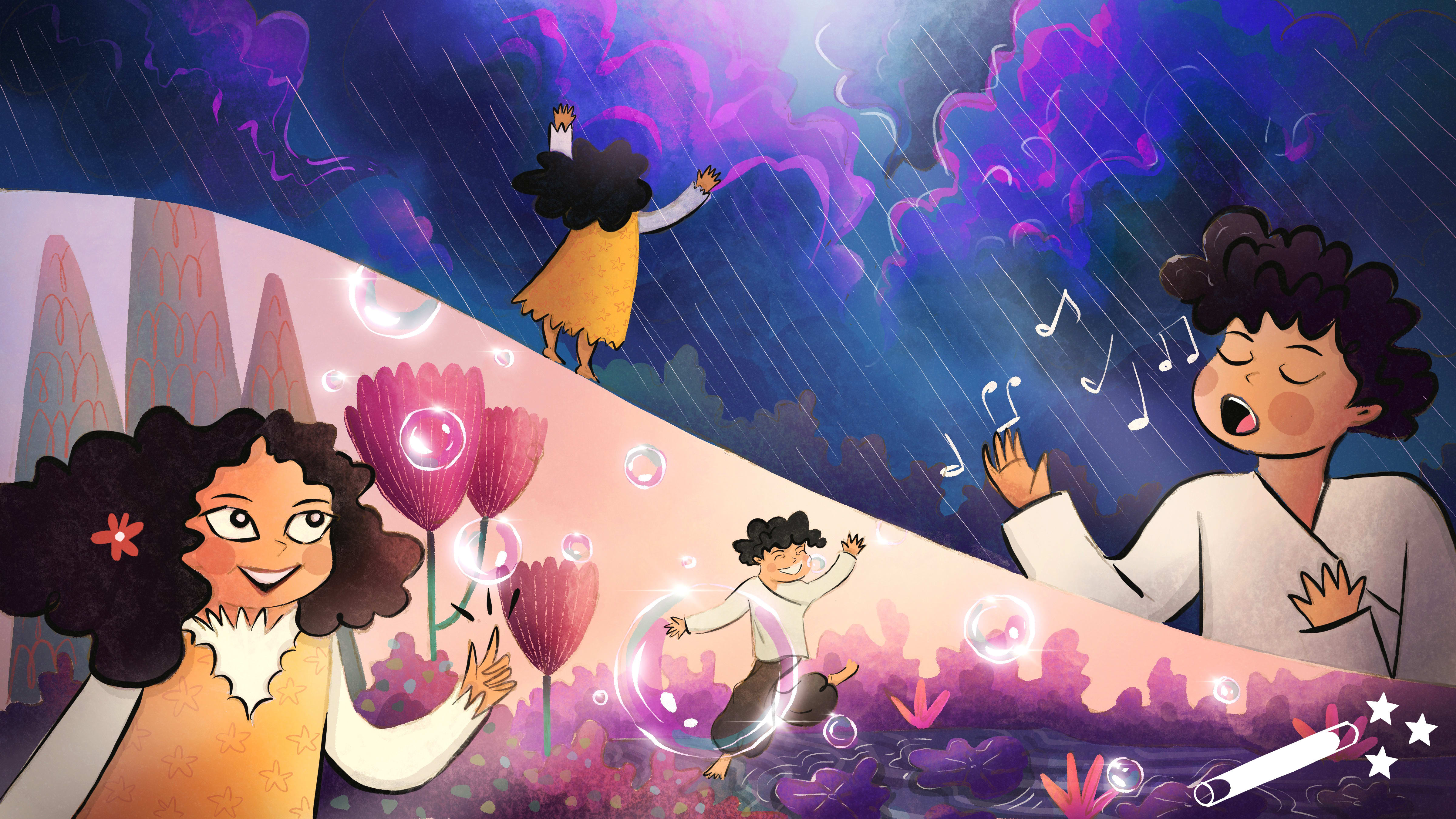 The first half of the image has a boy singing and a girl standing in the rain and the second half of the image has the girl looking up and the boy hopping happily surrounded by flowers and bubbles. There's a Makaton symbol on the bottom-right corner.