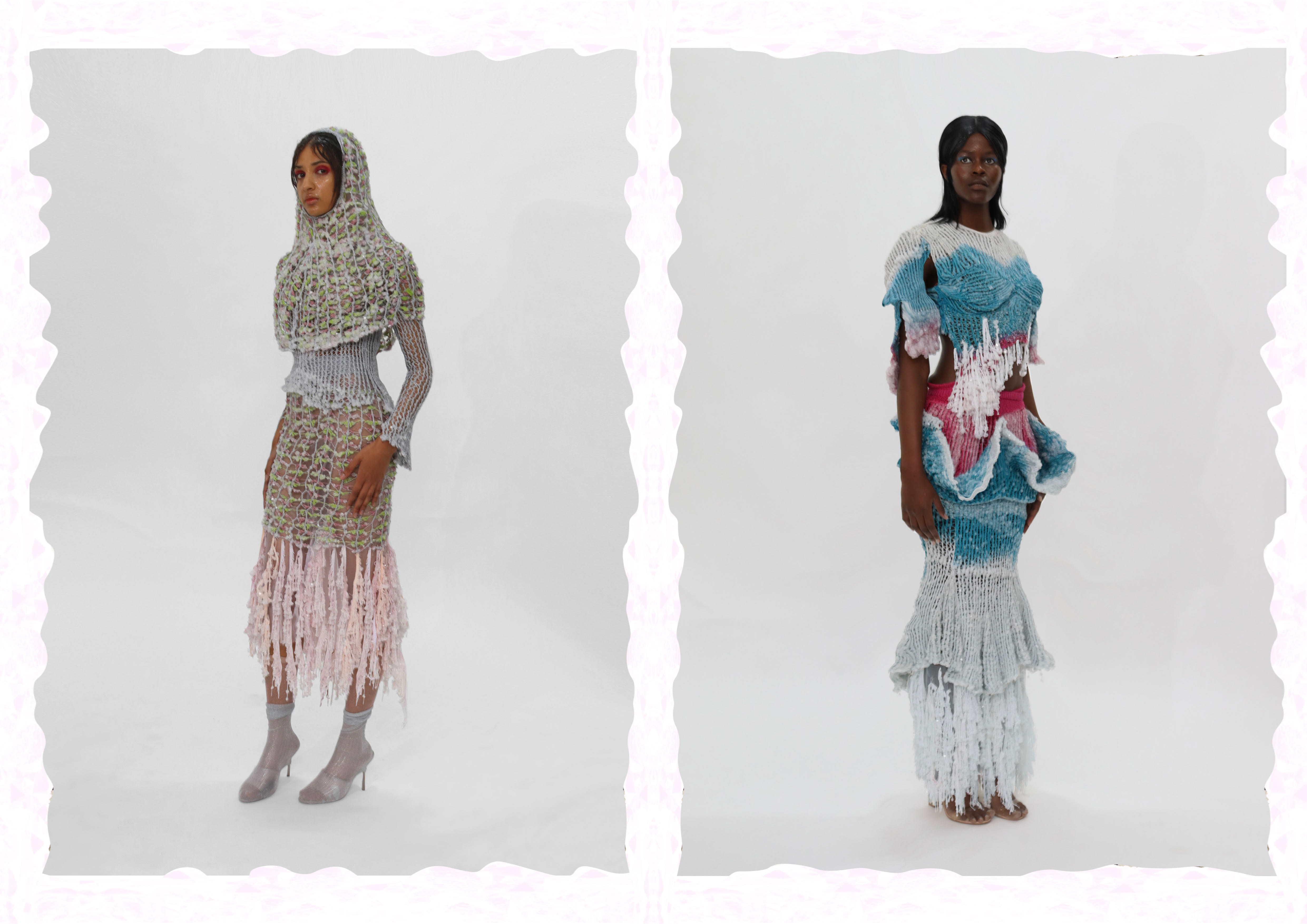 Models wearing knitted crystal garments