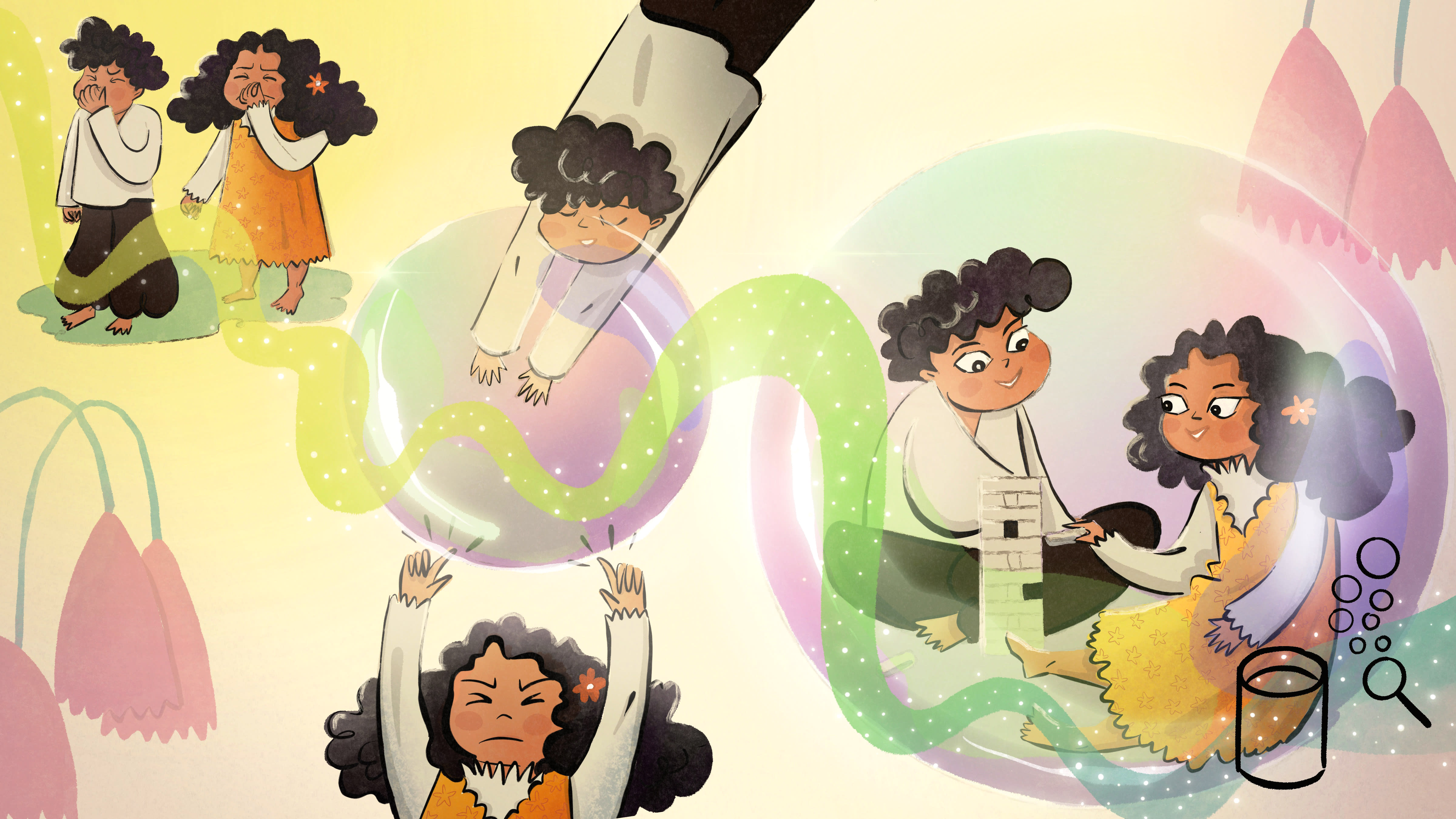 Illustration of a boy and a girl first standing pinching their noses, then in the process of entering a large bubble and finally playing Jenga inside the large bubble. There's a Makaton symbol in the bottom-right corner