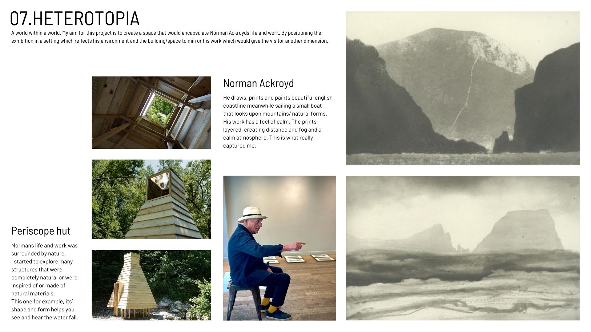 Presentation slide of researching Norman Ackroyd and text explaining the inspiration behind her project.