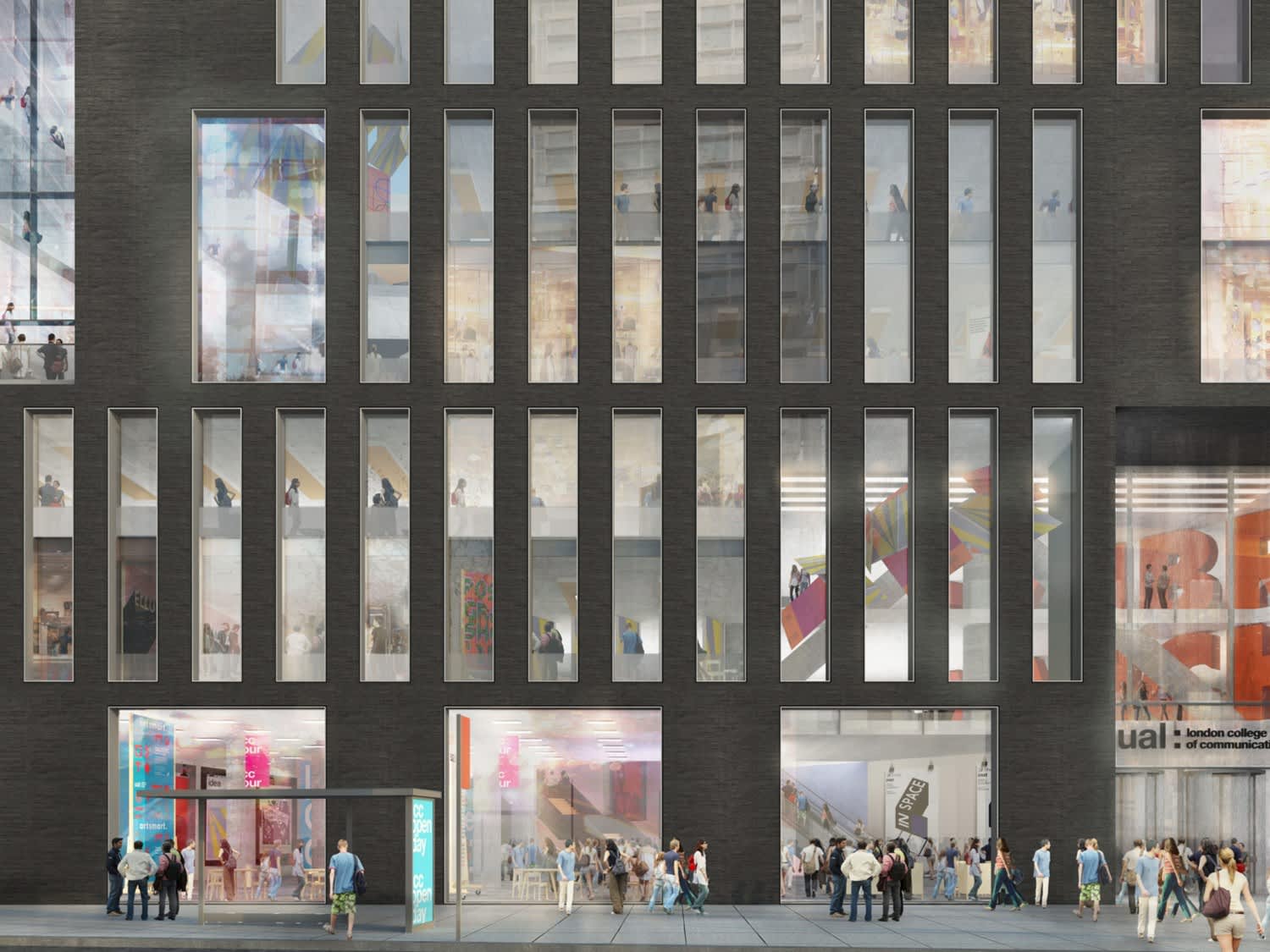 A CGI render showing the side view of a large black building with many large windows, students gathered on the pavement outside the building besides a bus stop, and an entrance door with the LCC logo above it.