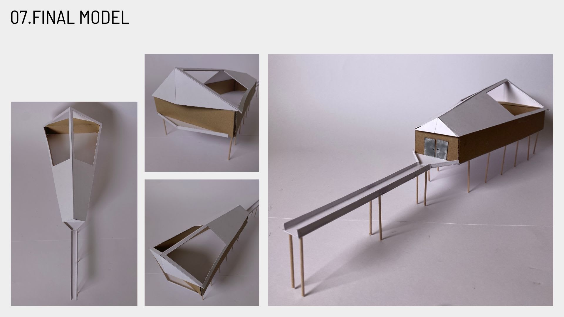 Collage of images of the final model made out of paper and wood.