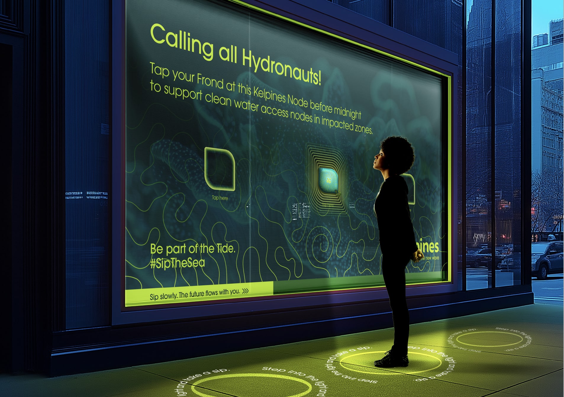 This is a photo of The Kelpines activation showing a hydronaut looking at a billboard.