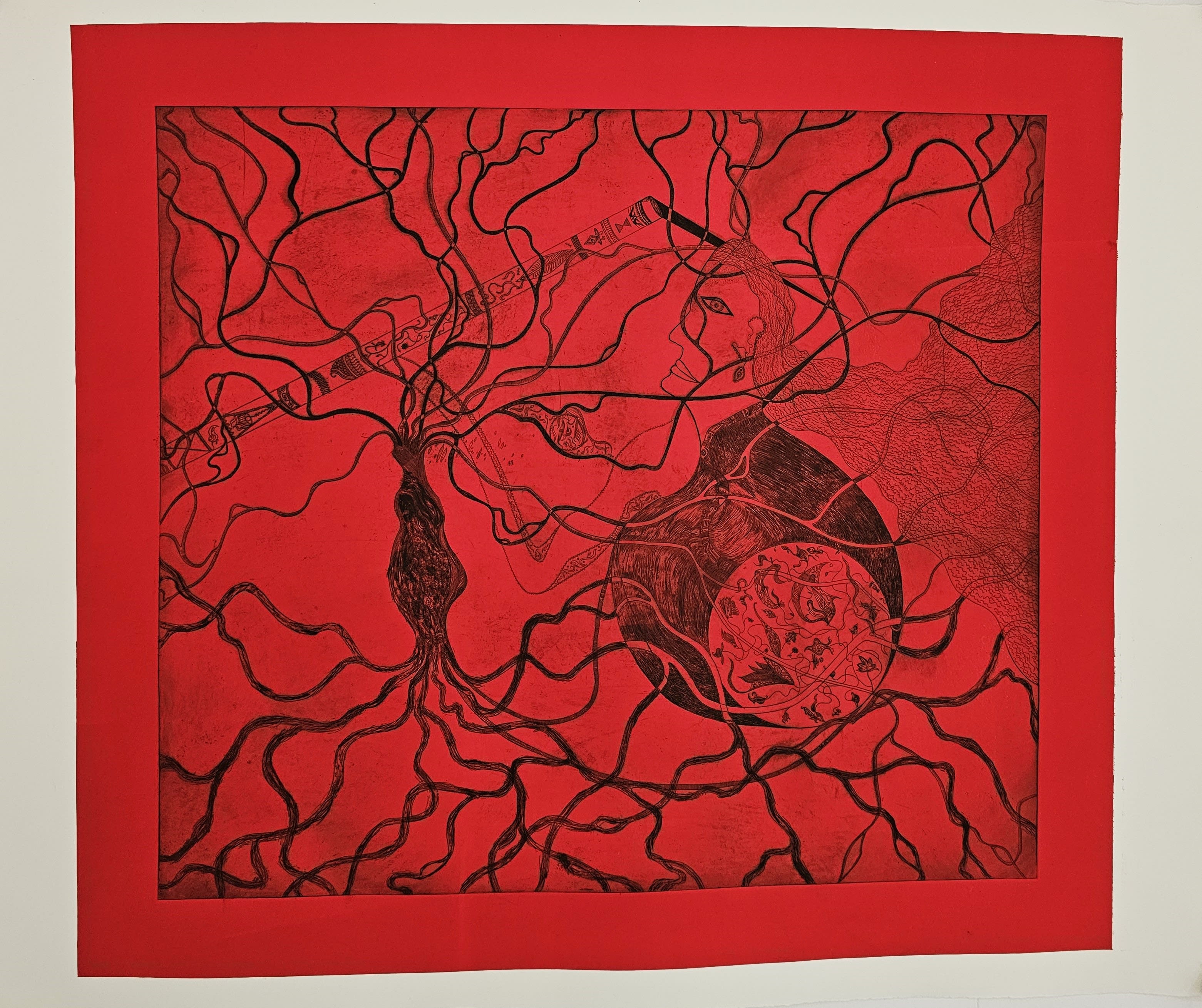 A complex map of curved black ink lines on a red canvas