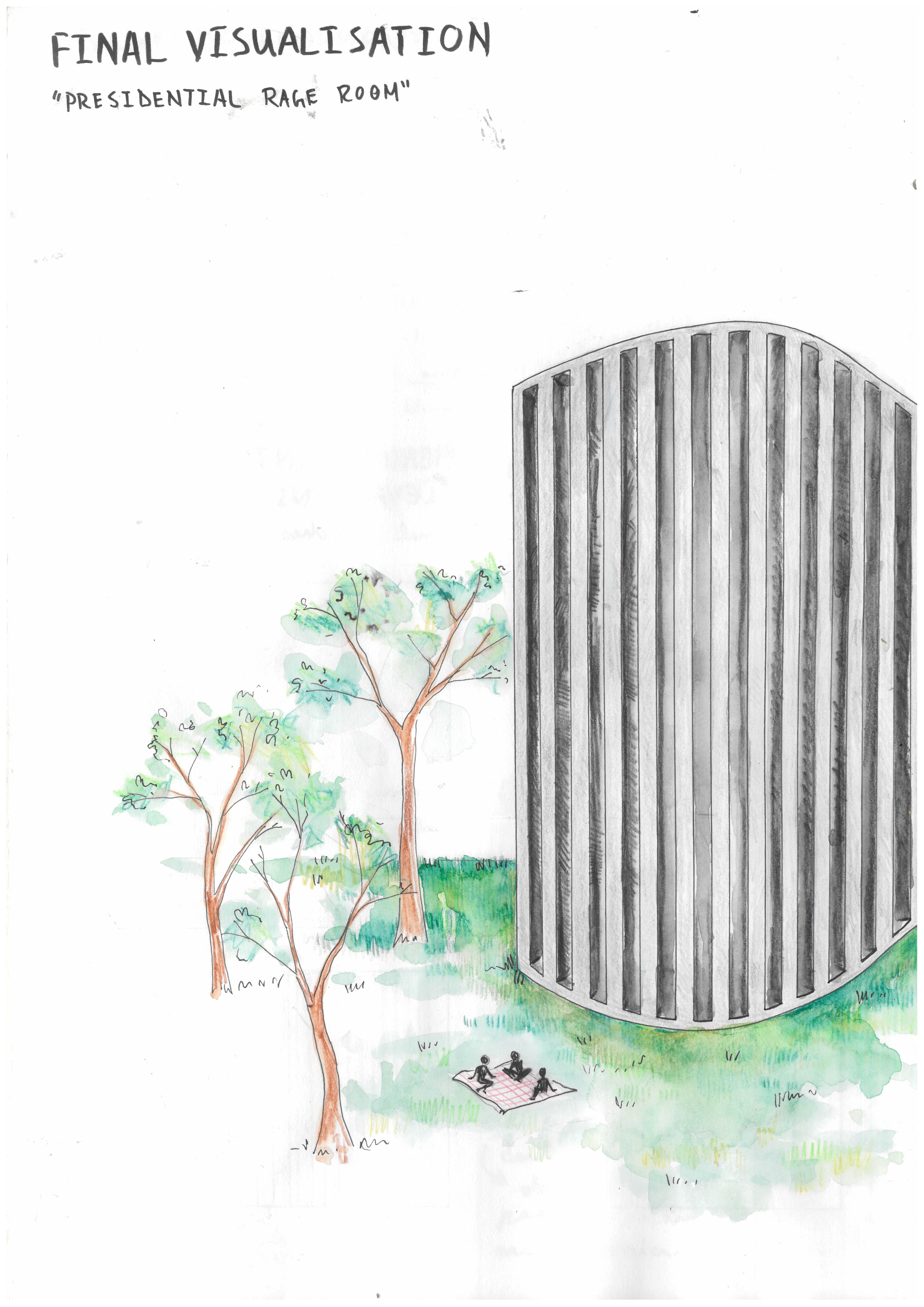 Sketch of the final visualisation of the model with trees around it.