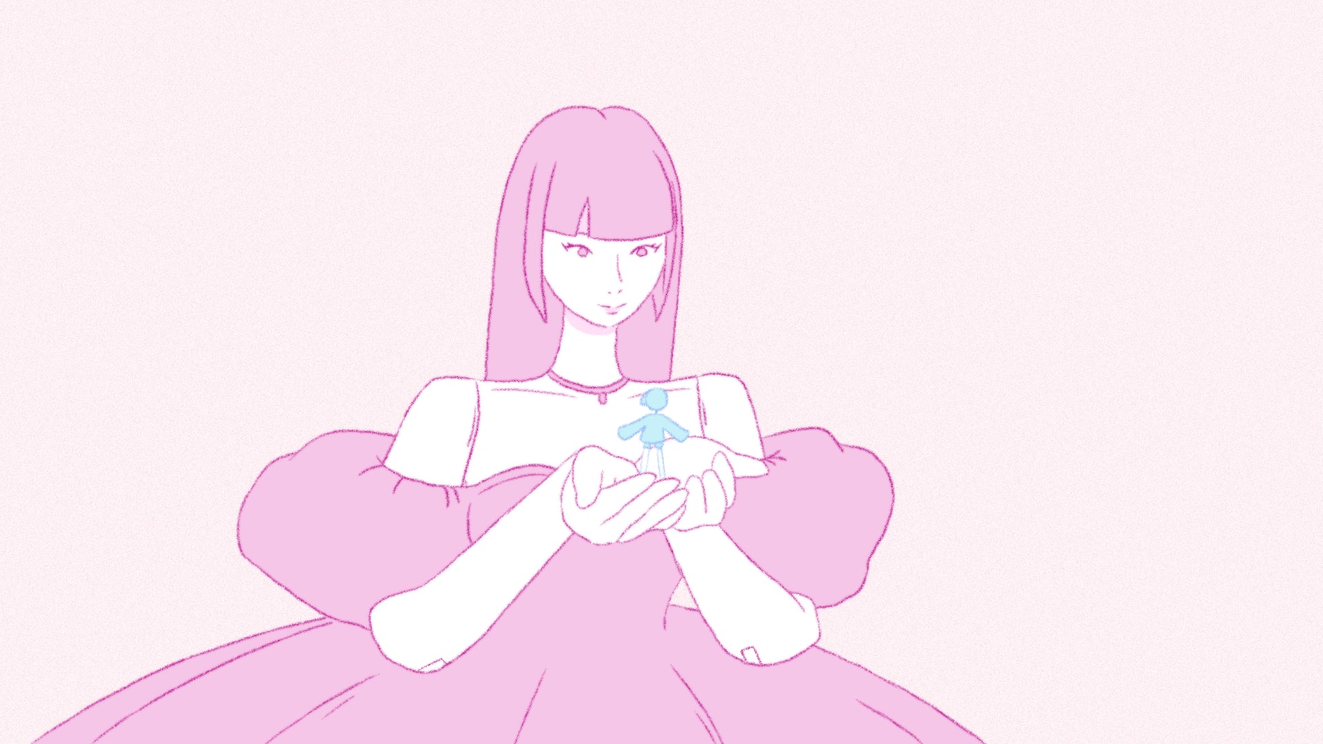 Animated woman in a pink dress and with pink hair holding a blue figure in her palms