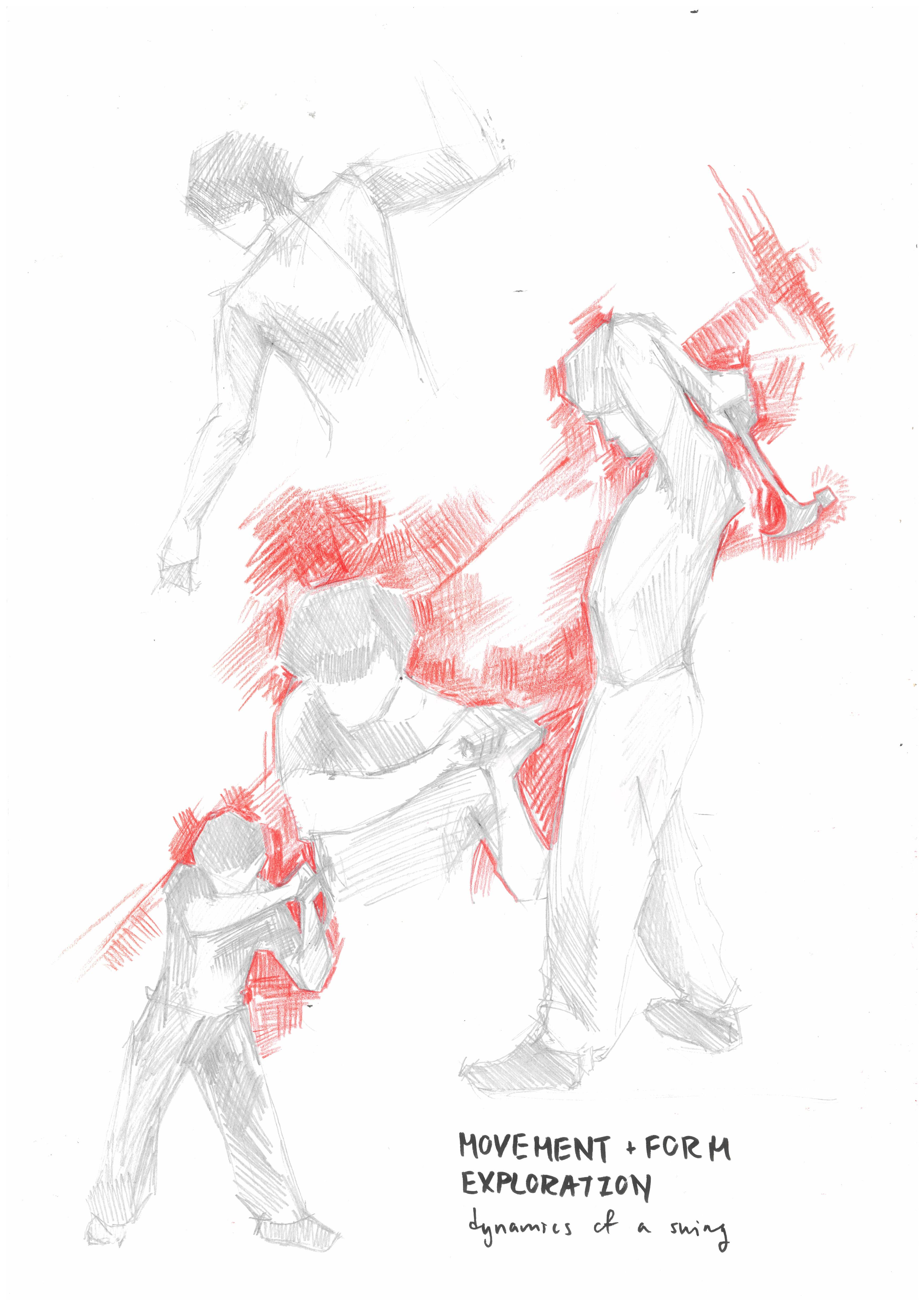 Sketch of a man in movement with a hammer.