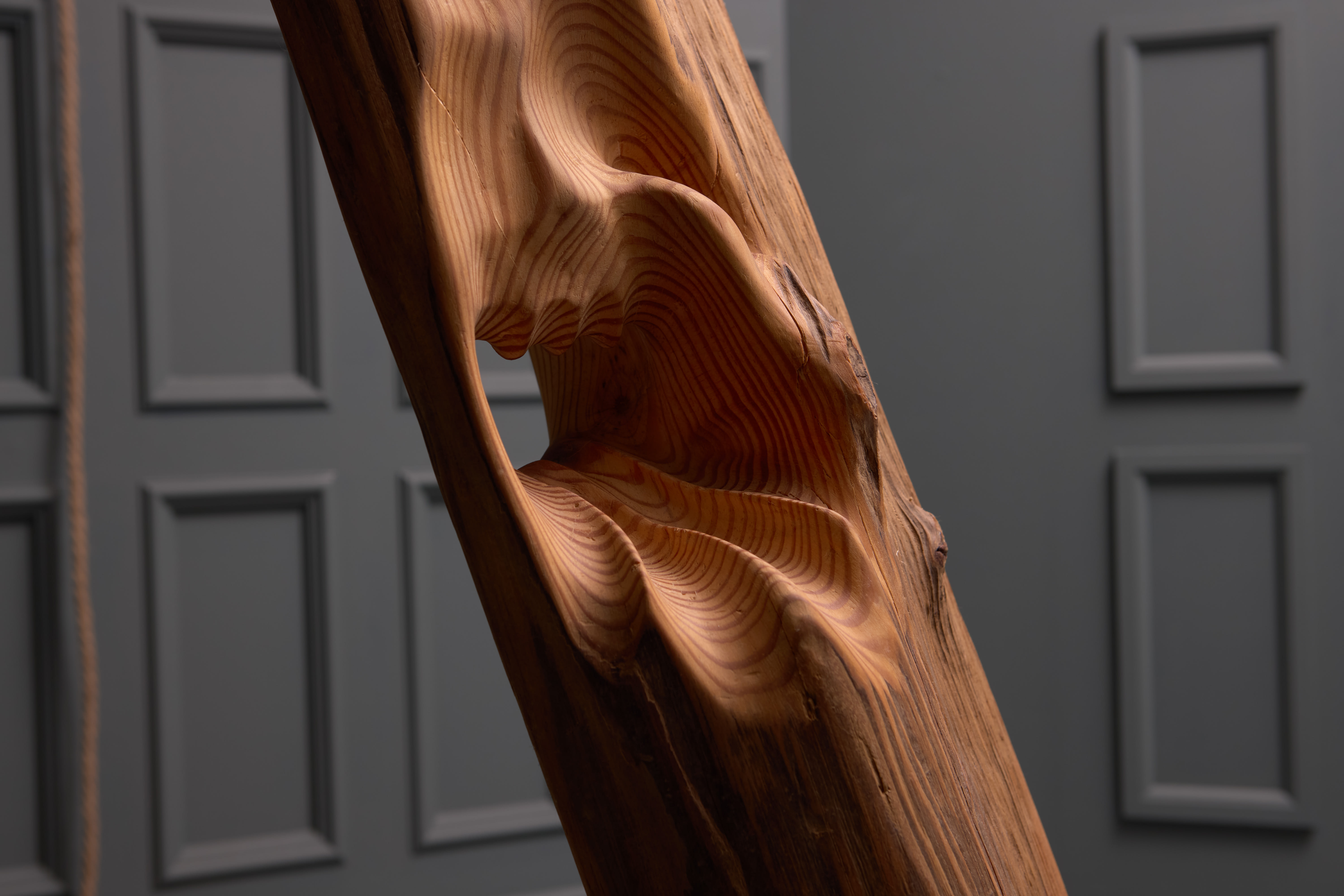 Brown wooden object with a whole against a grey background and a rope in the back.