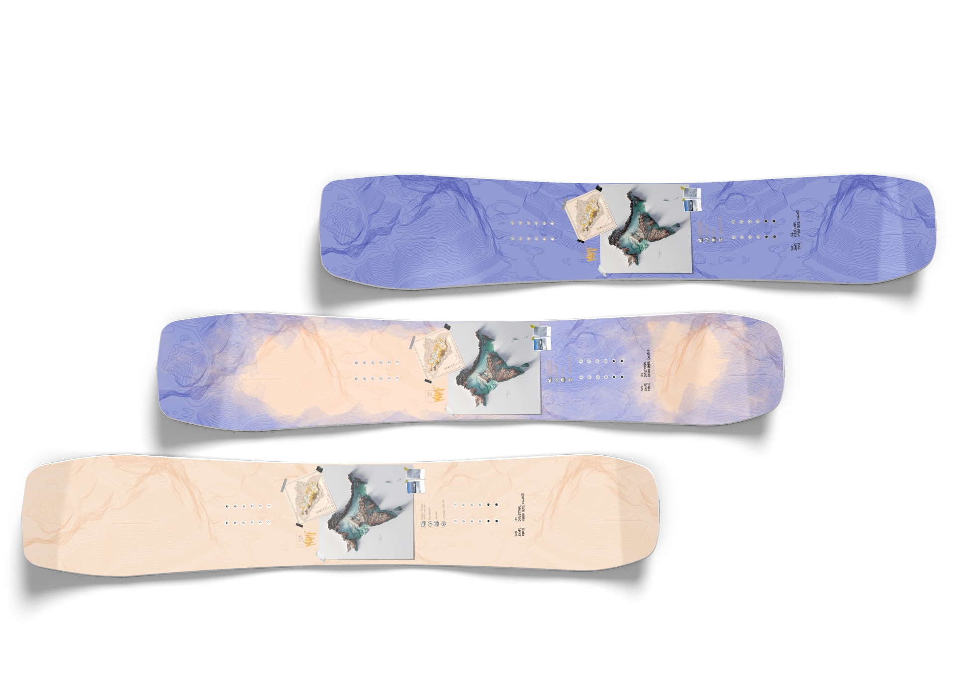 Three snowboards in purple and beige with an image attached against a white background