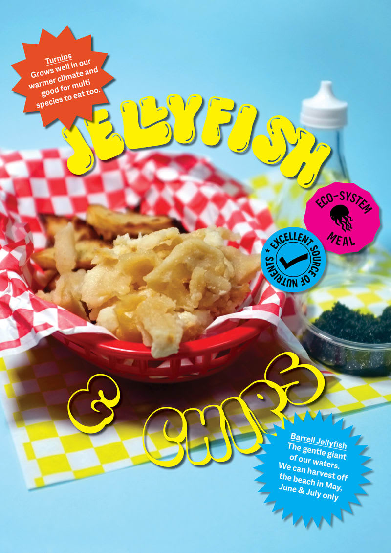 A digital image of a jellyfish and chips meal on a gingham serving background