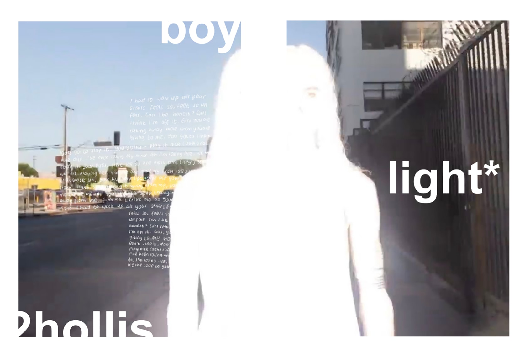 A white silhouette with a road scene behind and white handwritten text