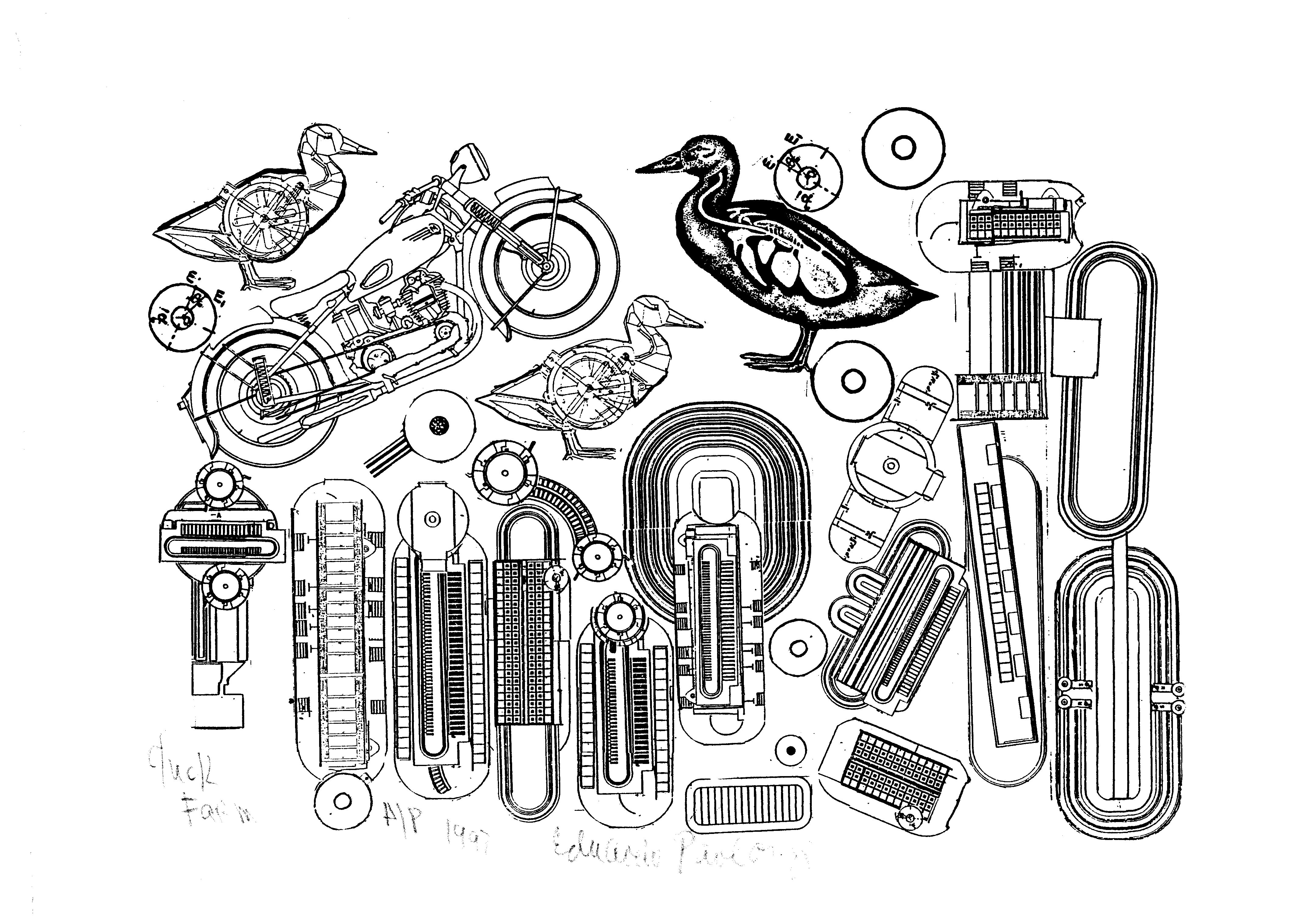 A black and white mosaic design with figures, shapes and a bird