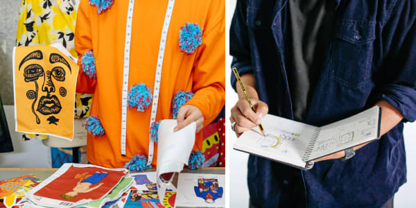Split image, lefthand student holding up fabric samples. Righthand image, student holding and writing in open sketchbook.