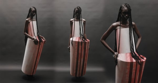 Composite image showing figure wearing red and pink garments from three perspectives