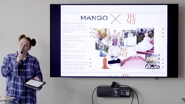 MA Fashion Marketing and Global Cultures student Matej Boch, presents at the Mango pitch. Still taken from a video by Orlando Collegaro. 