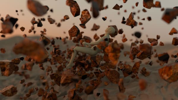 CAD image of figure floating surrounded by rock-like objects