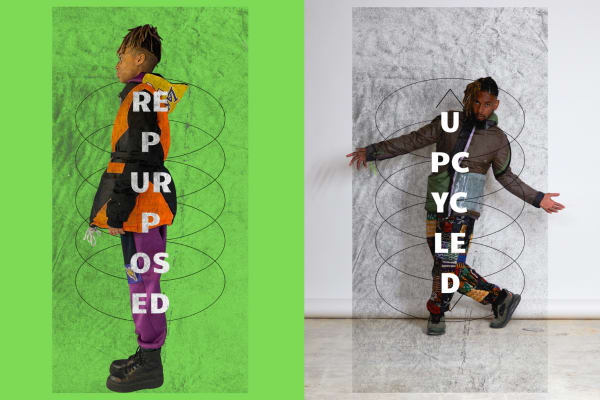 Two side-by-side full-body images of a person in colorful, patchwork-style clothing with the words 