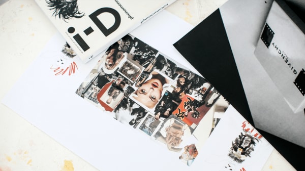 Flat lay of magazine, next to a collage of fashion themed images including a models face and fashion style photographs