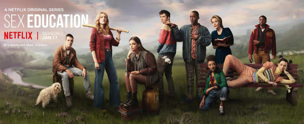 A promotional banner featuring the cast of the Netflix series, Sex Education.