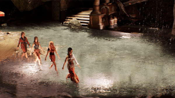 image of 4 digital models wearing garments indoors walking on top of water by a bridge
