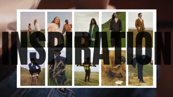 Digital collage of fashion editorial pictures with models posing in a field and the word inspiration written across it.