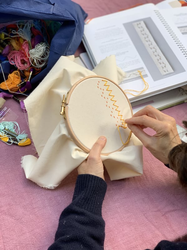 a person embroidering