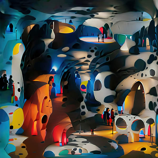 A colourful computer-generated graphic which looks like repeated images of people standing in cave-like spaces.