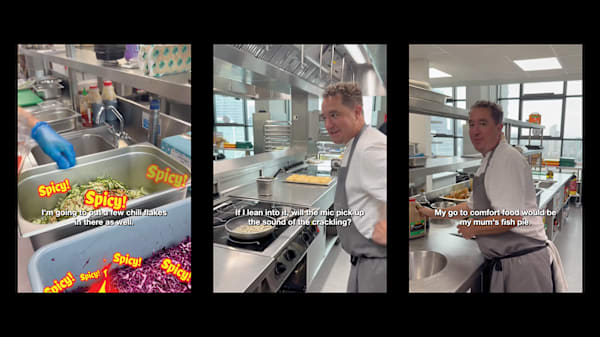 Collage of three stills from an Instagram Reel showing Head Chef Tom in the LCF kitchen